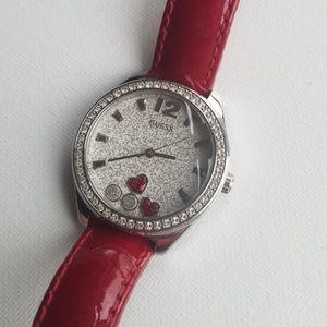Guess watch red leather strap hearts stones. Needs batteries